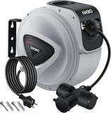 MASKO® Kabelhaspel 10 meter automatisch voor buiten met 3 stopcontacten Wandmontage 1,5m Aansluitkabel Inclusief Handschoenen - Grijs