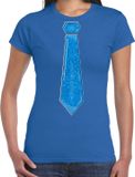 Bellatio Decorations Verkleed shirt dames - stropdas glitter blauw - blauw - carnaval - foute party S