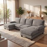 Bealife AR103 U-Banken - 4-Zits Hoekbank met slaapfunctie & 2 Chaise Longues - Zacht ribcord - Grijs