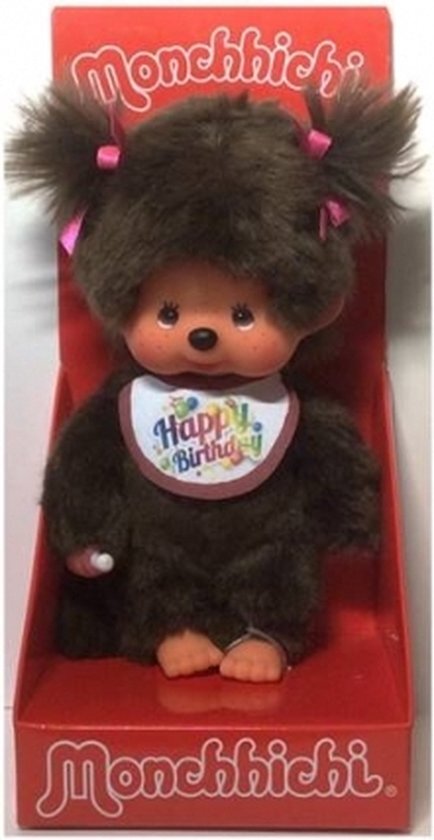 Monchhichi 242191 - Originele Monchhichi jongen, pluche figuur met opdruk "Happy Birthday" op het slabbetje, knuffeldier van bruin pluche, ca. 20 cm groot