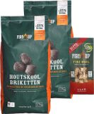 fire up BBQ starterspakket - houtskool briketten 10 kilo - barbecue aanmaak houtwolkrullen 25x