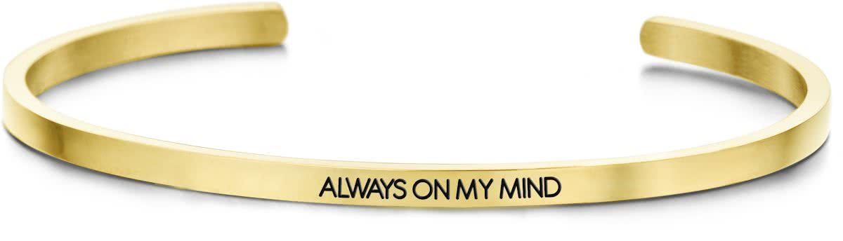 Key Moments 8KM-B00065 - Stalen open bangle met tekst - always on my mind - zirkonia - one-size - goudkleurig