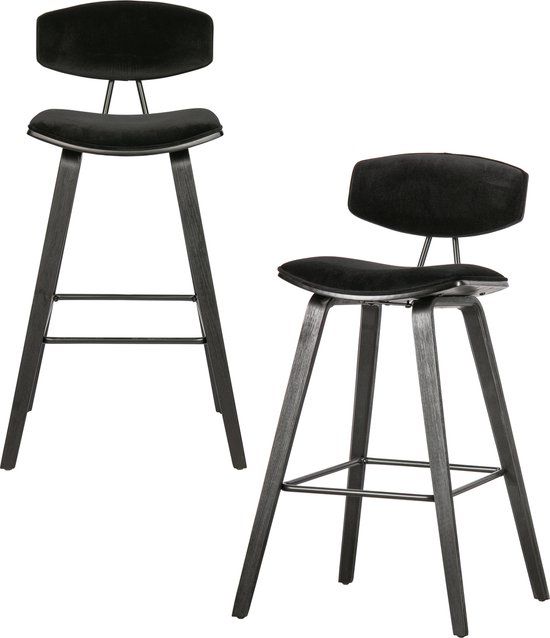 WOOOD Senn Barstoelen - Fluweel - Zwart - Set van 2