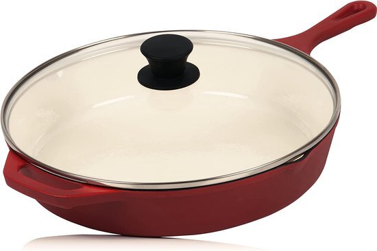 Mahlzeit Gietijzeren pan met deksel geëmailleerd | Ø 29,5 cm | Dark Cherry | braadpan met twee schenktuiten | grillpan deksel, universele pan, gietijzeren pan, braadpan met deksel, hoge rand, pannen