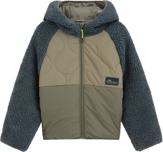 WE Fashion Jongens teddy jas met capuchon - Grijsgroen - Maat 134/140