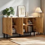 MODFU - Dressoir - 3 Portes - Motif Ondulé - Bois Naturel - Pieds Métalliques Noirs - 120 X 35 X 70 Cm