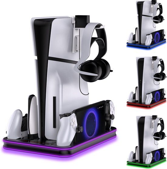 PlayCool All-in-One Multifunctionele RGB Oplaadstation- en Displaystandaard Geschikt voor PlayStation 5/ PS5 Slim/ PS5 Pro (Disc & Digital) & PlayStation Portal (incl. Screen Protector) - DualSense (Edge) controller