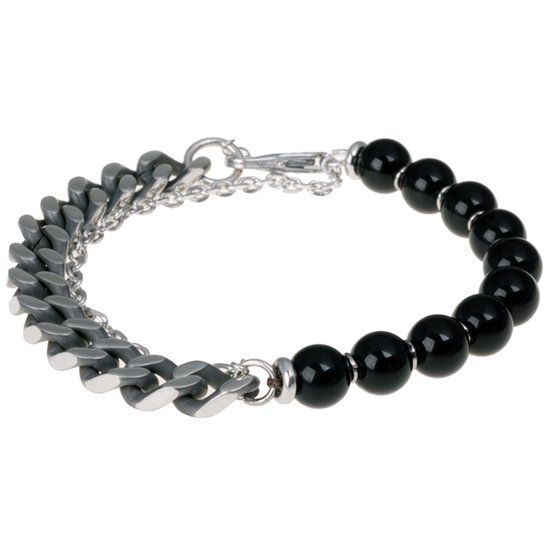 LGT JWLS Zwarte kralen armband met RVS Link Chain