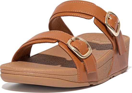 FitFlop Lulu Verstelbare Leren Slides BRUIN - Maat 36 - Vrouwen - Platte sandalen - Leer - 3 - 4 cm hakhoogte - 2024