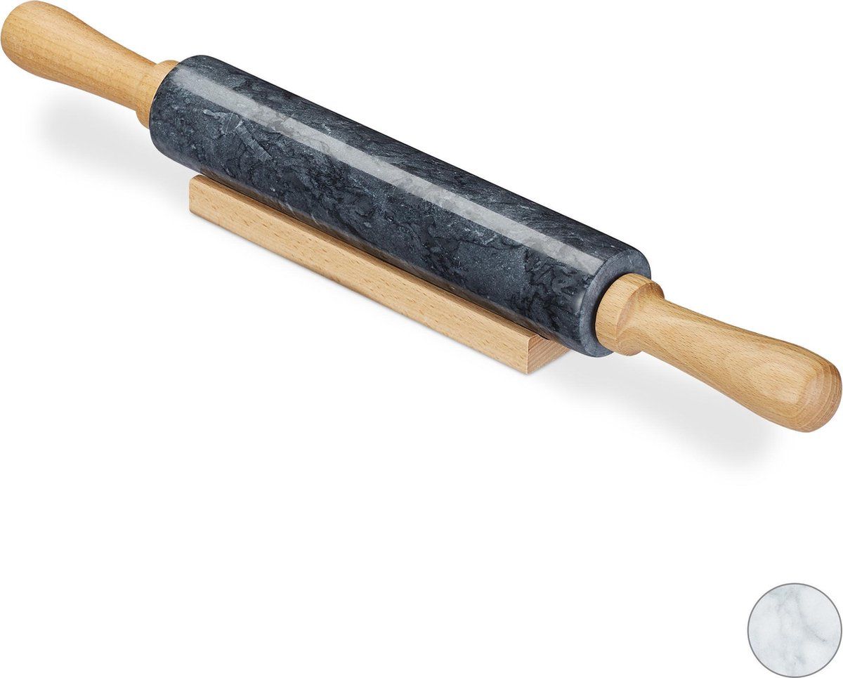 Relaxdays deegroller marmer - rolstok - houten handvatten - roller deeg - fondantroller zwart