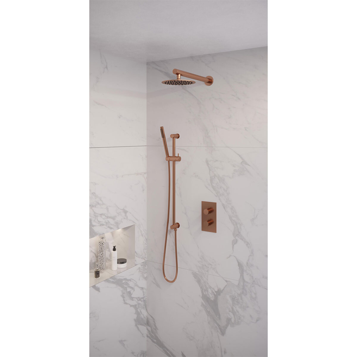 Brauer Regendoucheset 37 Inbouw Muur Copper Edition 20cm Rond Geborsteld Koper PVD 2 Greeps 3-weg met Thermostaatkraan Glijstang en Staafhanddouche