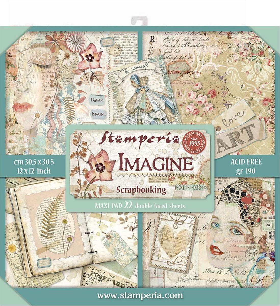 Stamperia SBBXL04 papierblok 22 vellen 30.5 x 30.5 (12" x 12") dubbelzijdig Imagine, meerkleurig