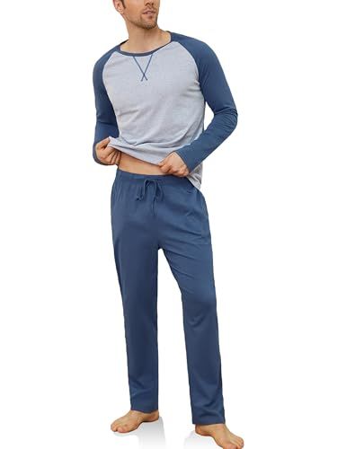 Heren Kotoen Heren Pyjama Lang Kotoen, Winter Katoenen Tweedelige Pyjama Set Top & Bottom met Zakken en Zachte Riem Nachtkleding Pjs Sleepwear