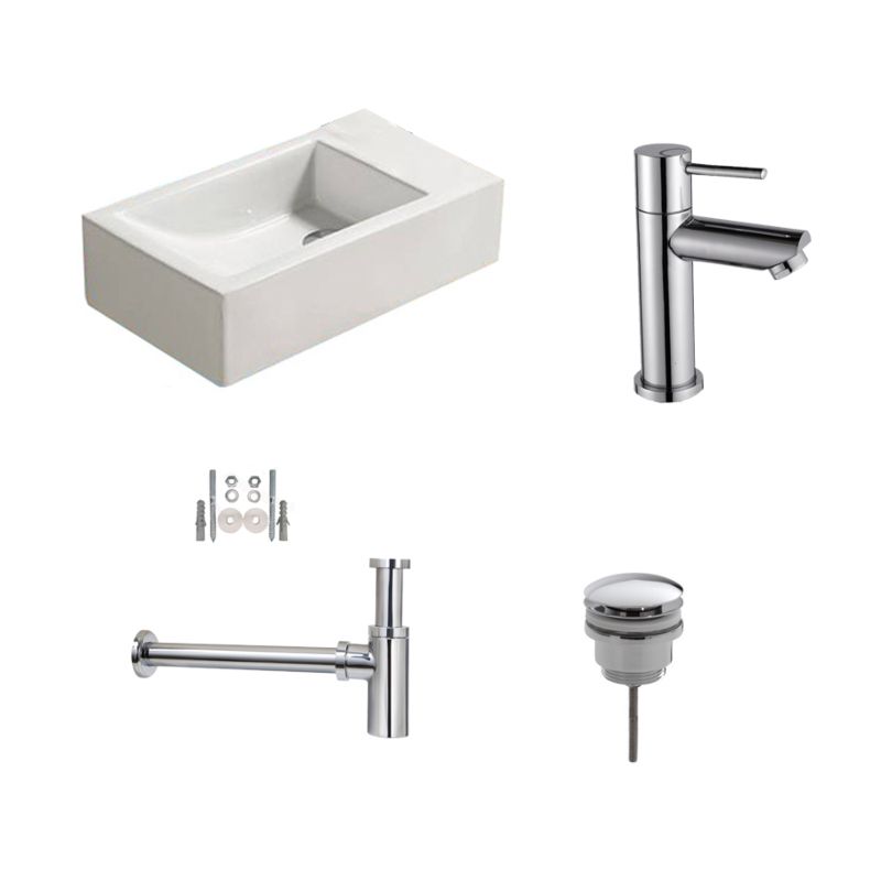 Badkamerplanet Fonteinset Qubic Keramiek - 45x25x12 cm - Kraangat Links - Wit