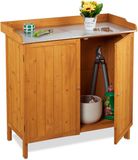 Merkloos Relaxdays Tuinwerktafel met kast, hout, tinnen werkblad, HBD: 94 x 94 x 47 cm, oppottafel voor buiten, oranje