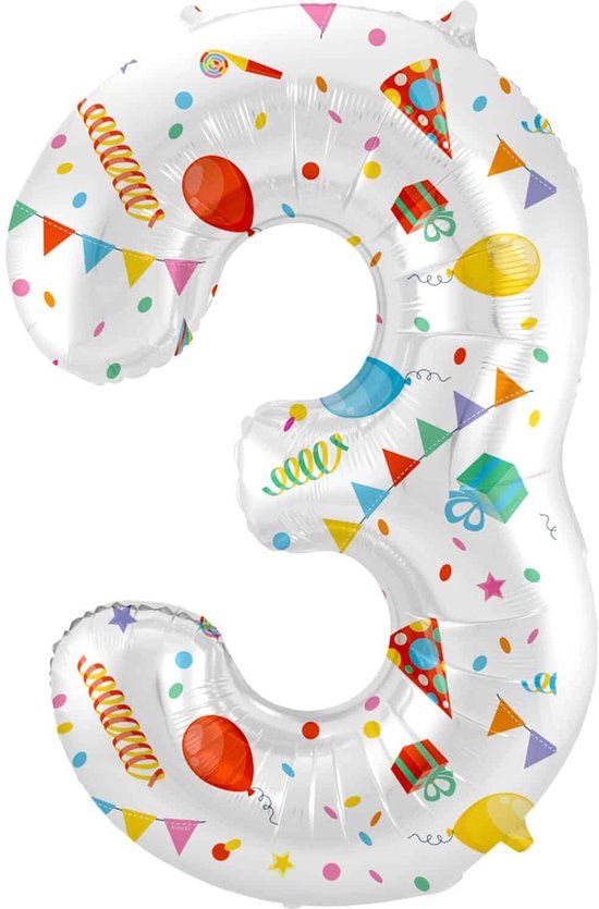 Folat Folieballon Cijfer 3 Joyful Party - 86 cm