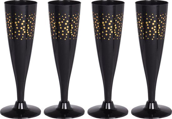 Excellent Houseware Prosecco/Champagneglazen - 4x - Zwart/Goud - Kunststof - 130 ml - Herbruikbaar