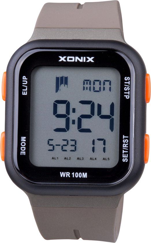 Xonix DAP-A05 Digital Watch for Men - Khaki/Black/Orange - Silicone Strap - 10 ATM Water Resistant