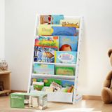 COSYLAND Kinderboekenkast met 6 Oxford-stoffen vakken – Houten boekenkast van wit hout met afgeronde hoeken – Ruimtebesparend ontwerp voor kinderkamer of speelkamer – Wit/M