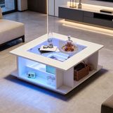 STILVORA Salontafel - Hoogglans Met Glasplaat En Ledverlichting - Met Opbergruimte Voor Woonkamer - Spaanplaat - 70x70x30 Cm - Wit