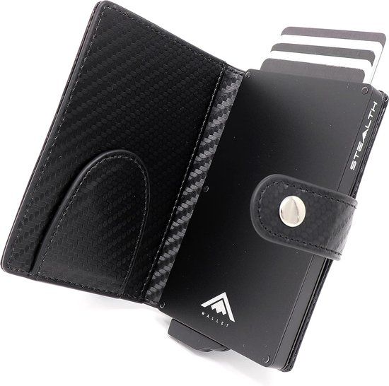 Stealth Wallet Portemonnee Heren - RFID/NFC-Blokkering Popup Intelligente Minimalistische Kaarthouder - Zwart aluminium met zwart Kunstleer