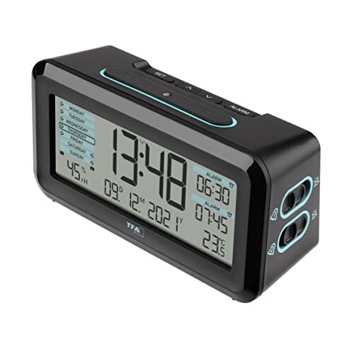 TFA Draadloze wekker Boxx2 digitaal, 60.2562.01 GB, met accu, 2 alarmtijden, Engels display, met thermo-hygrometer, zwart-turquoise