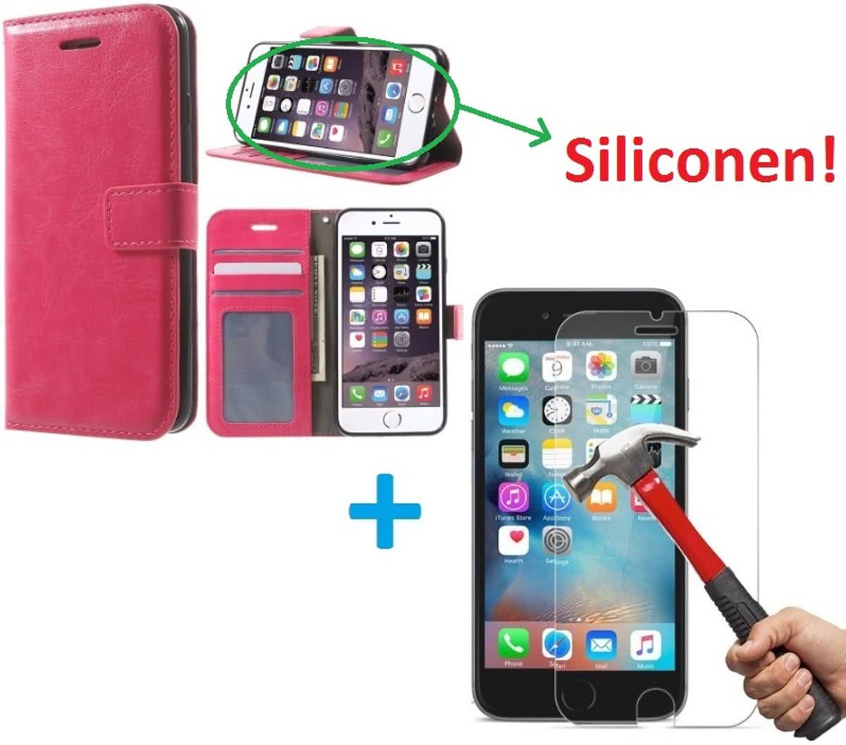 Aml iPhone 4 4S Portemonnee hoes roze met Tempered Glas Screen protector
