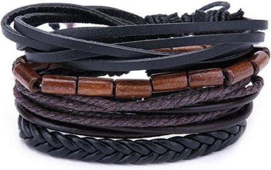 LGT JWLS Leren armbanden set met houten kralen zwart bruin