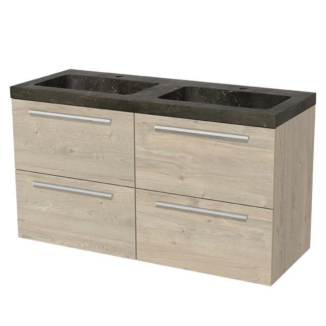 Maxaro Badkamermeubel 120cm Modulo Lichtgrijs Eiken 4 lades Vlak Wastafel Natuursteen Blue Stone