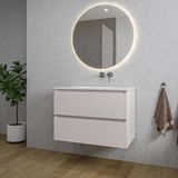 Saniclass Chaci Badkamermeubelset - 80x46x55cm - keramische wastafel wit - 1 wasbak - zonder kraangaten - 2 lades - ronde spiegel met verlichting - mat cotton (beige)