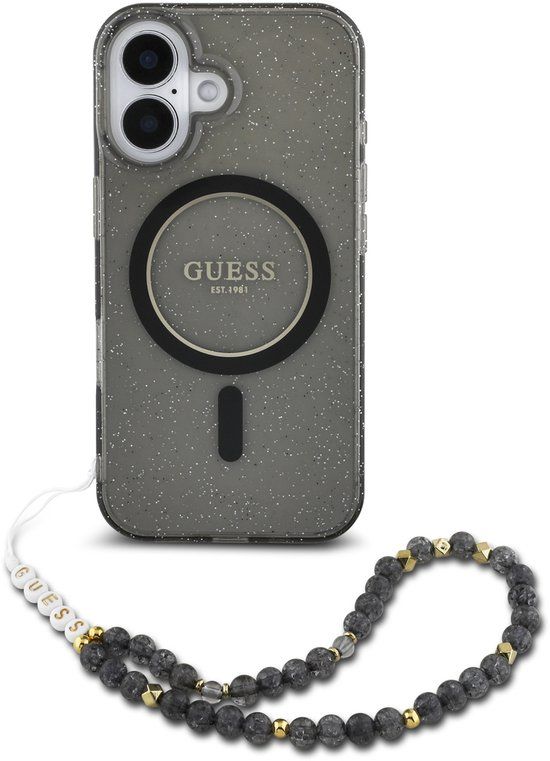 Guess - Backcover iPhone 16 Pro Max - Magsafe IML Glitter with pearls strap - Zwart