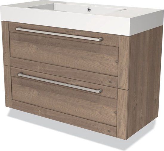 Maxaro Badkamermeubel 100cm Modulo Middenbruin Eiken 2 lades Kader Wastafel Mineraalmarmer