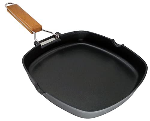 WECOOK Ecostone Grillpan, inductie, glad, 24 x 24 cm, antiaanbaklaag, ecologisch PFOA-vrij, gegoten aluminium, 5 mm dik, inklapbare houten handgreep, vitrokeramisch, gas