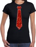 Bellatio Decorations Verkleed shirt dames - paillet stropdas - rood/zwart - XXL