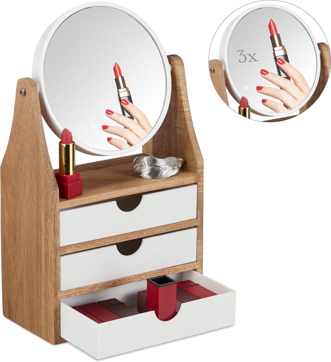 Relaxdays make up organizer met spiegel - 3 lades - sieraden opbergen - make up spiegel