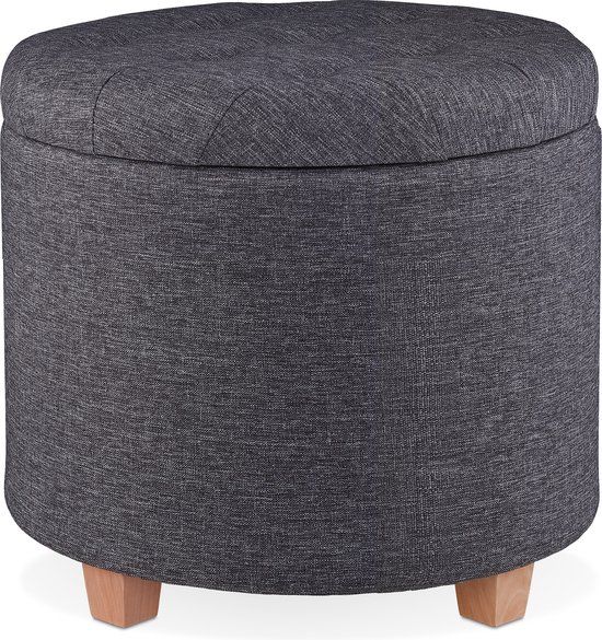 Relaxdays Poef met opbergruimte - rond - op pootjes - deksel - 41 x 44 cm - donkergrijs
