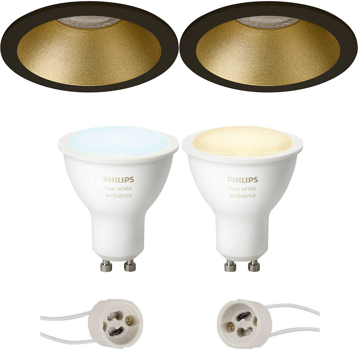 BES LED Pragmi Pollon Pro - Inbouw Rond - Mat Zwart/Goud - Verdiept - Ø82mm - Philips Hue - LED Spot Set GU10 - White Ambiance - Bluetooth