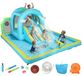 AquaPlay Château d'eau gonflable avec ventilateur, 2 toboggans, piscine, trampoline et panier de basket - Bleu