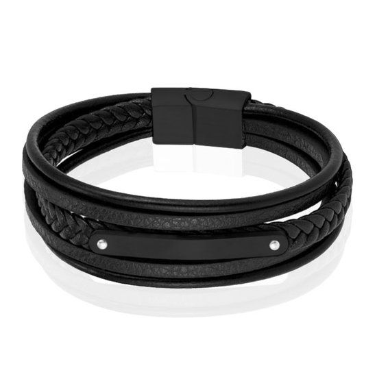 Mendes Lederen Armband voor Mannen - Zwart, Met Graveerplaat en RVS Sluiting-19cm