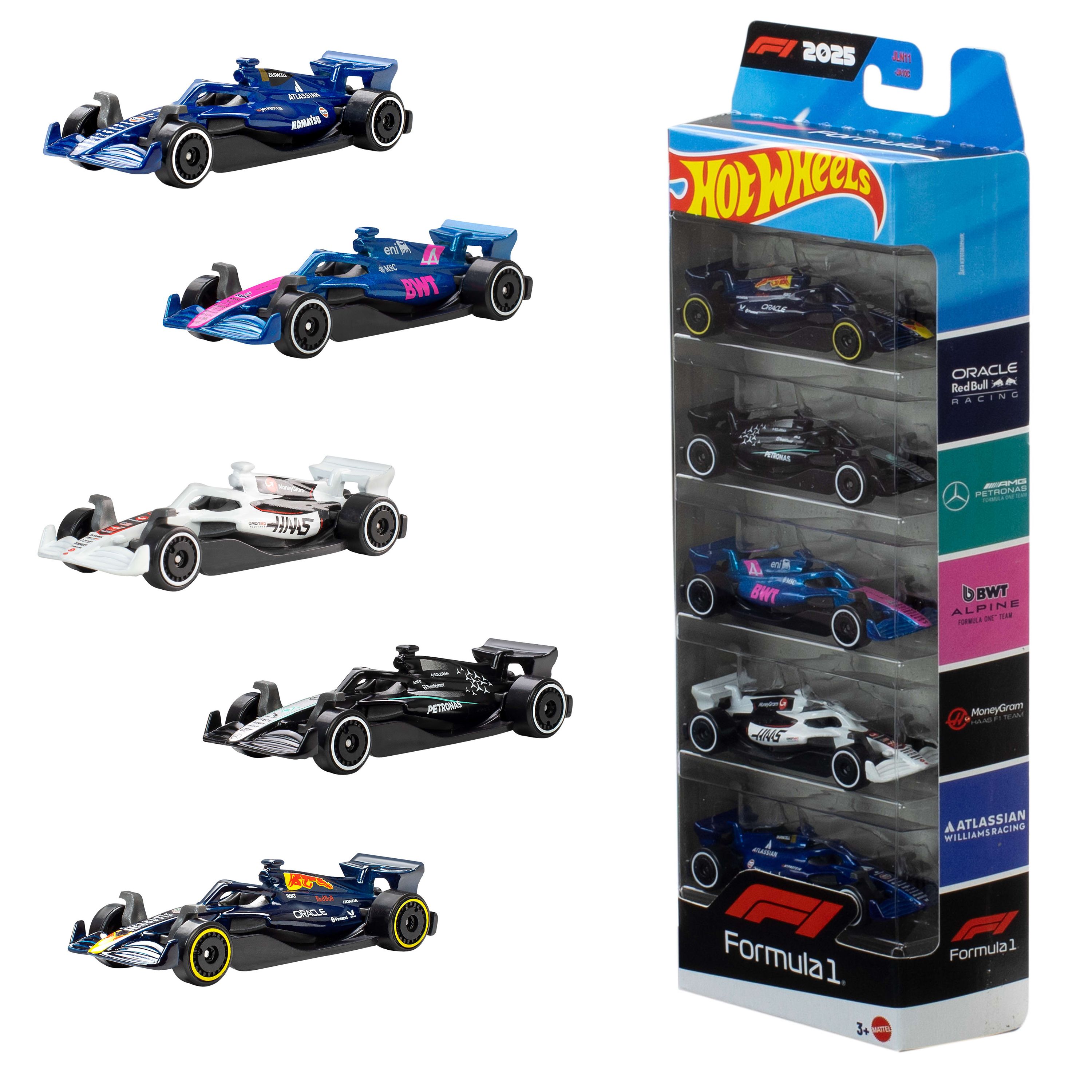 Hot Wheels Formule 1, set van 5 metalen F1 speelgoedauto's, schaal 1:64