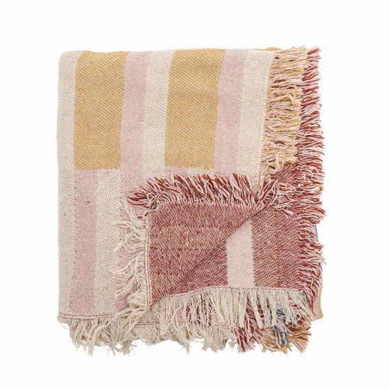 Bloomingville - Plaid Lane - Gerecycled katoen - 130x160cm - Roze/rood/groen/goud/beige