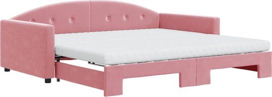 vidaXL Slaapbank met onderschuifbed en matrassen 100x200 cm fluweel roze