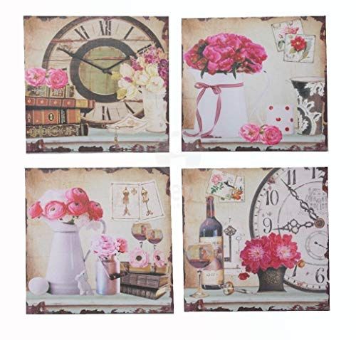 DRW Set of 4 Images, Flowers with Watches, Various Shades, 40 x 40 x 2 cm