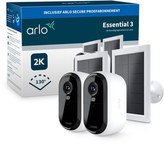 Arlo Essential3 2K beveiligingscamera & zonnepanelen - 2-PACK