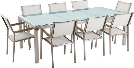 GROSSETO - Tuinset voor 8 personen - Wit - RVS - Veiligheidsglas