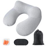 AiQInu Opblaasbaar reiskussen, compact nekkussen met wasbare overtrek, inclusief oordopjes, masker en draagtas, perfect voor vliegtuig, auto, kantoor