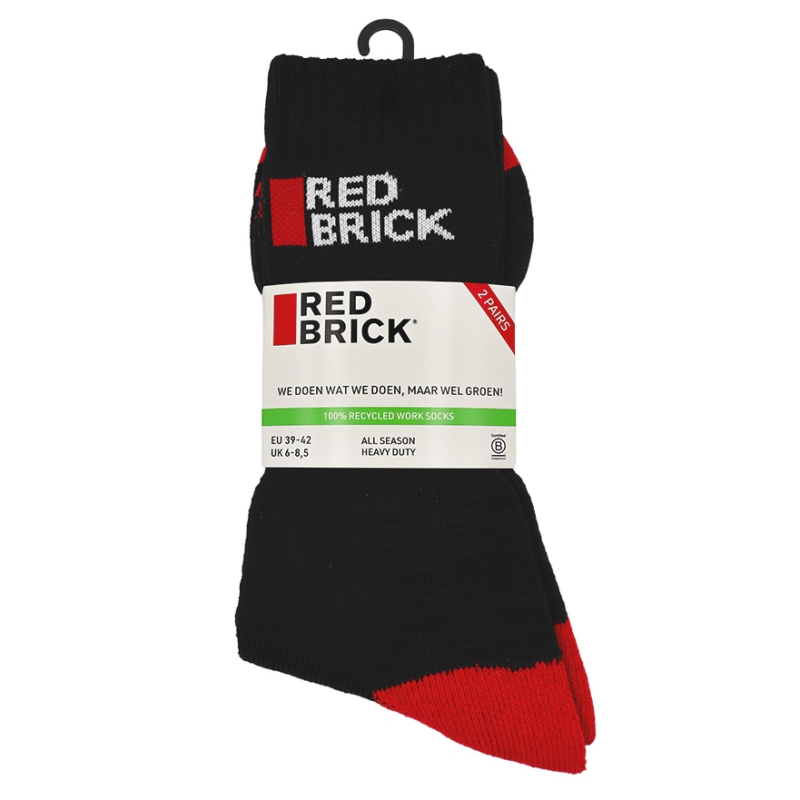 Redbrick Werksokken Gerecycled 2-pack | Zwart/Rood | Maat 47/50