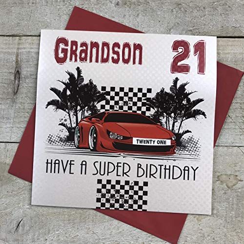White Cotton Cards "Kleinzoon 21 hebben een super verjaardag" handgemaakte 21e verjaardagskaart, LLR21-GS