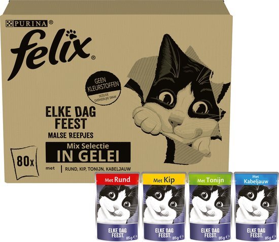 Felix Elke Dag Feest in Gelei Mix Selectie - Kattenvoer Natvoer - Tonijn Kabeljauw Rund Kip - 80 x 85 g