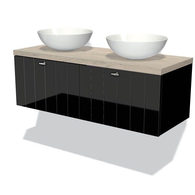 Maxaro Badkamermeubel Modulo Plato 120cm Hoogglans Zwart 2 Lades Lichtgrijs Eiken